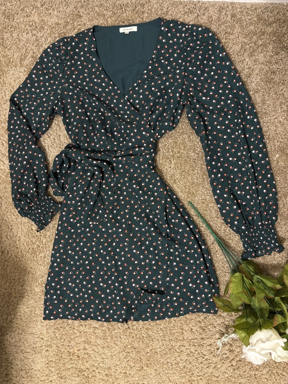 Max Studio Teal Wrap Mini Dress with Pink & White Dot Floral